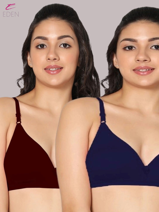 Wirefree, Non Padded, Cotton, Medium Coverage ,Tshirt Bra, Maroon-Navyblue