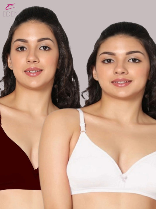 Wirefree, Non Padded, Cotton, Medium Coverage ,Tshirt Bra, Maroon-White