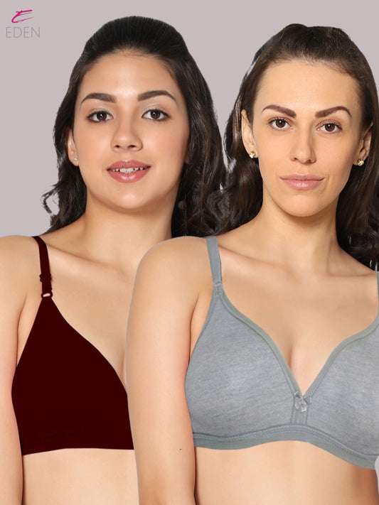 Wirefree, Non Padded, Cotton, Medium Coverage ,Tshirt Bra, Maroon-Mgrey