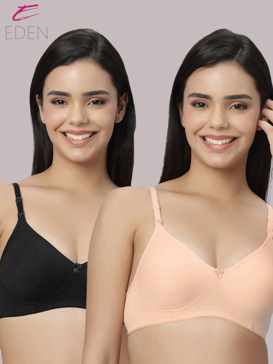 Lightly Padded, Non-Wired ,Simply Soft, T-Shirt Bra,Peach-Black