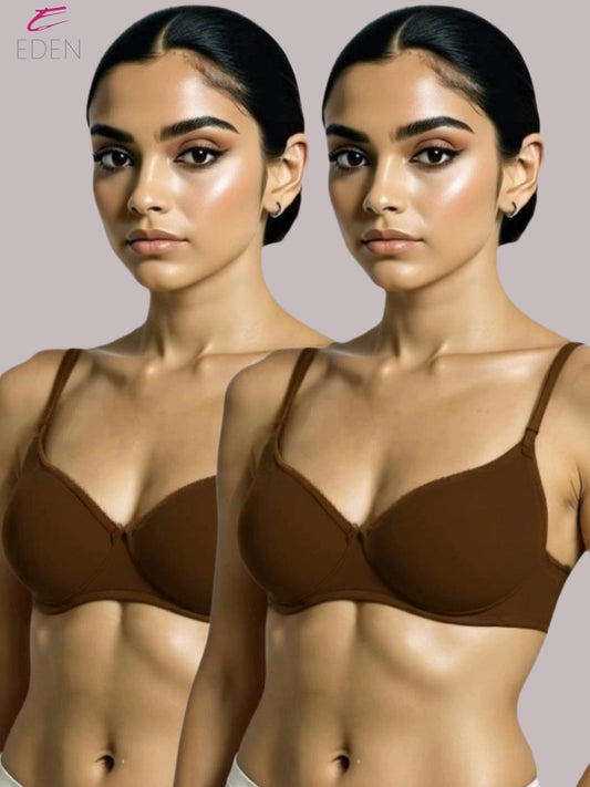 Padded, Non-wired ,Plus Size, Cotton lycra, Medium Coverage, Tshirt Bra, Lace Styling ,Peat