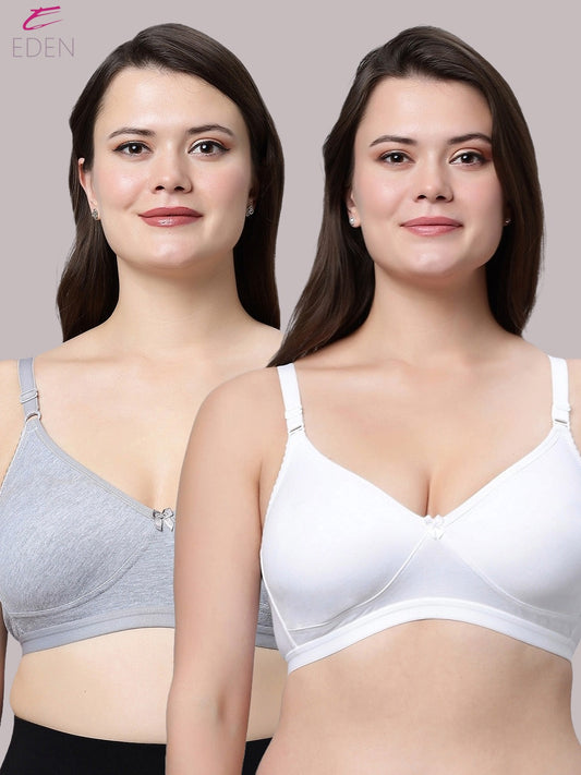 Non Padded, Plus Size, Super Combed,Cotton Stretch, Full Coverage ,Everyday Bra ,White-Grey