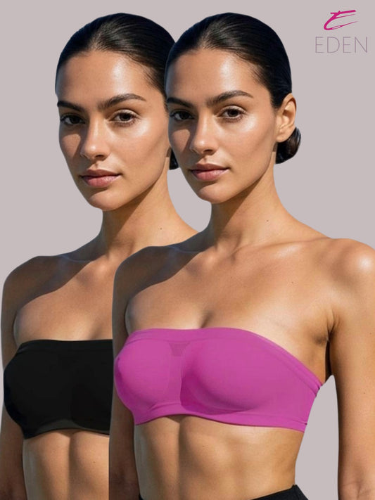 Non Padded, Non-Wired, Simply Soft, Strapless , Seamless, Bandeau Bra ,Slip On ,Nylon,Black & Magenta, Pack of 2