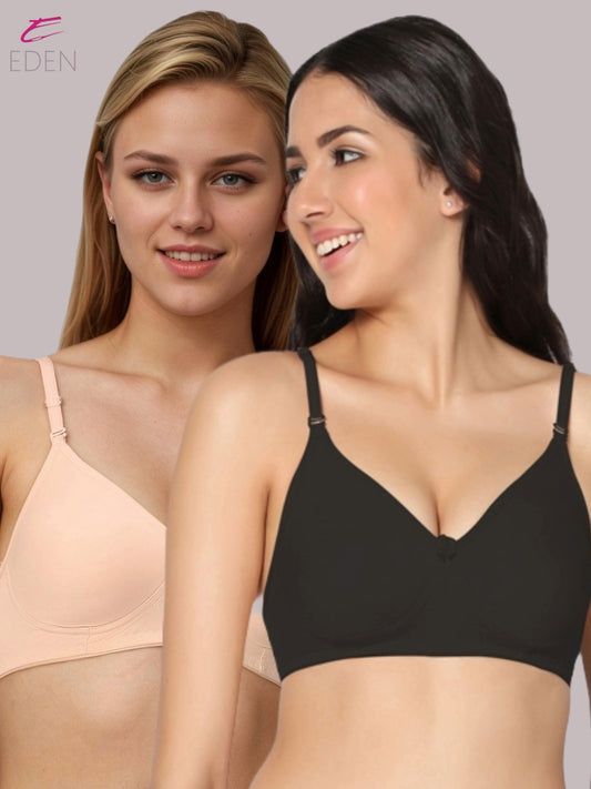 Lightly Padded, Non-Wired, Simply Soft, T-Shirt Bra ,Black-Peach