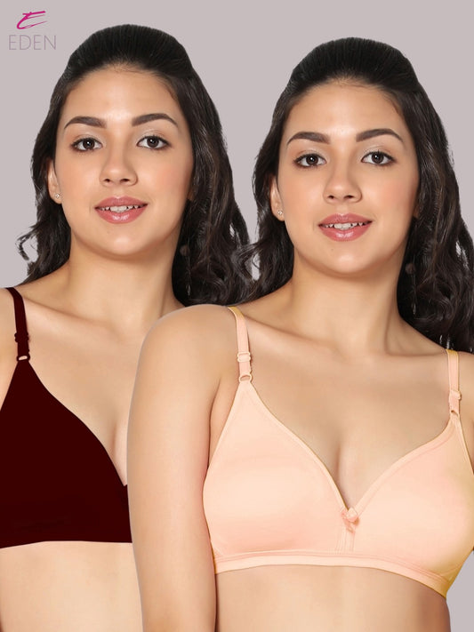 Wirefree, Non Padded, Cotton, Medium Coverage ,Tshirt Bra, Maroon-Skin
