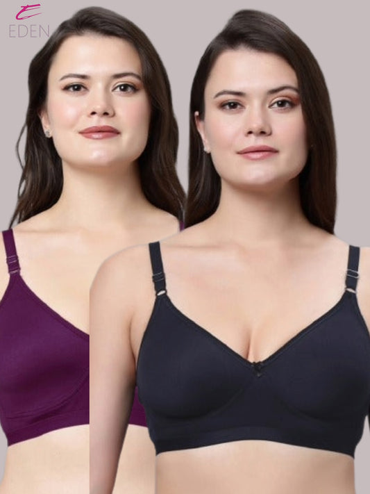 Non Padded, Plus Size, Super Combed ,Cotton Stretch, Full Coverage, Everyday Bra, Wine-Navyblue