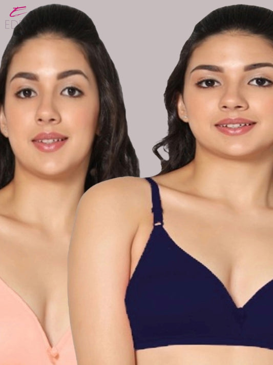 Wirefree, Non Padded, Cotton, Medium Coverage ,Tshirt Bra, Navyblue-Peach