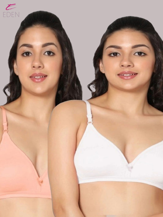 Wirefree, Non Padded, Cotton, Medium Coverage ,Tshirt Bra, Peach-White