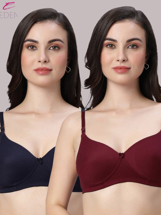 Wirefree ,Padded ,Plus Size, pc interlock, Medium Coverage, Tshirt Bra,Navyblue-Maroon