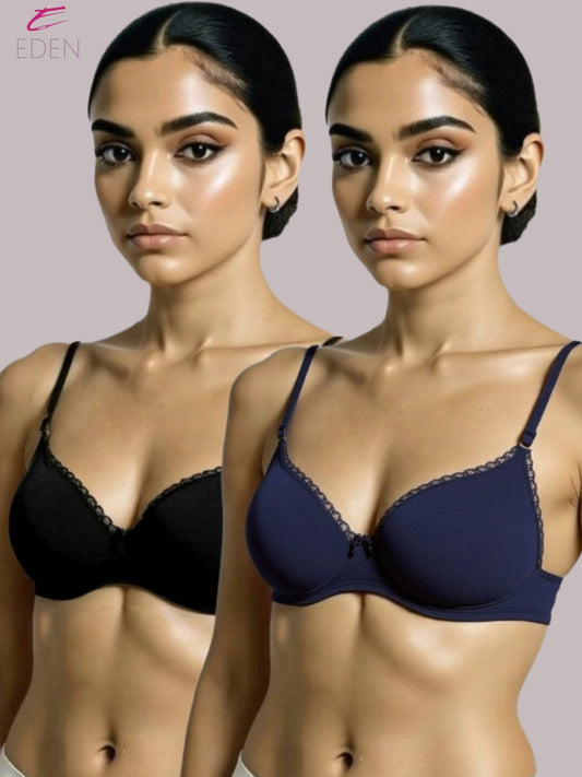 Padded, Non-wired, Plus Size, Cotton lycra, Medium Coverage, Tshirt Bra,Lace Styling,Black-Navyblue