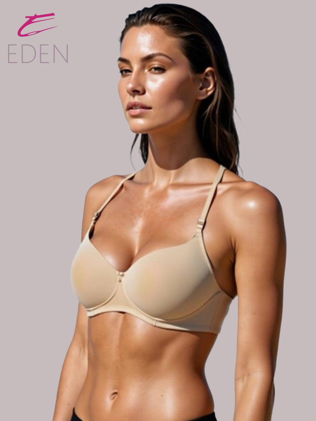 Padded, Non-Wired, Medium Coverage, Soft Cups, Invisi Neckline, polyamide, T-Shirt Bra, Beige
