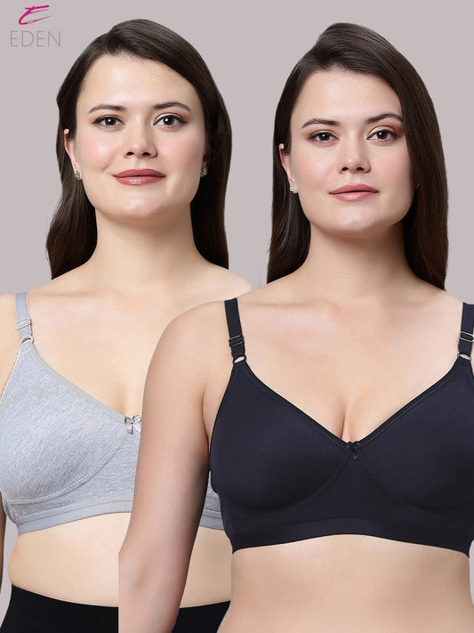 Non Padded, Plus Size, Super Combed,Cotton Stretch, Full Coverage ,Everyday Bra ,Grey-Navyblue