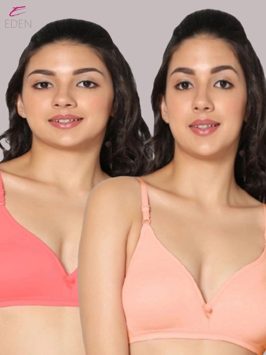 Wirefree, Non Padded, Cotton, Medium Coverage ,Tshirt Bra, Peach-Tomato