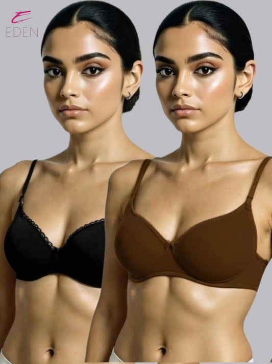 Padded Non-wired Plus Size Cotton lycra Medium Coverage Tshirt Bra with Lace Styling 109-Black-Peat