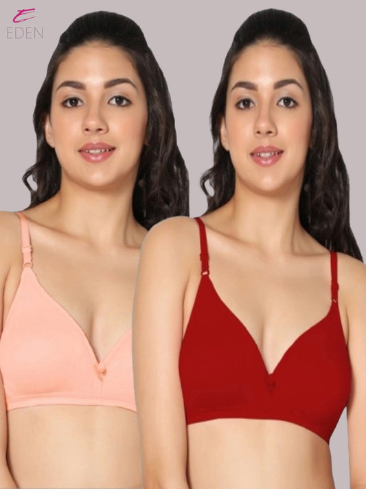 Wirefree, Non Padded, Cotton, Medium Coverage ,Tshirt Bra, Peach-Red