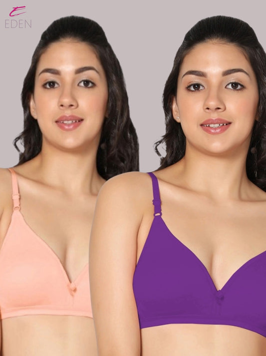 Wirefree, Non Padded, Cotton, Medium Coverage ,Tshirt Bra, Peach-Purple
