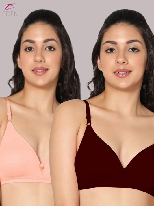 Wirefree, Non Padded, Cotton, Medium Coverage ,Tshirt Bra, Peach-Maroon
