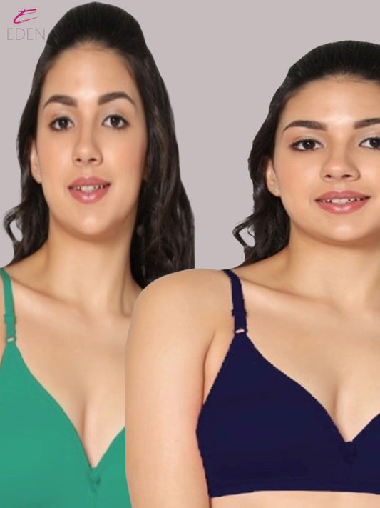 Wirefree, Non Padded, Cotton, Medium Coverage ,Tshirt Bra, Navyblue-Green
