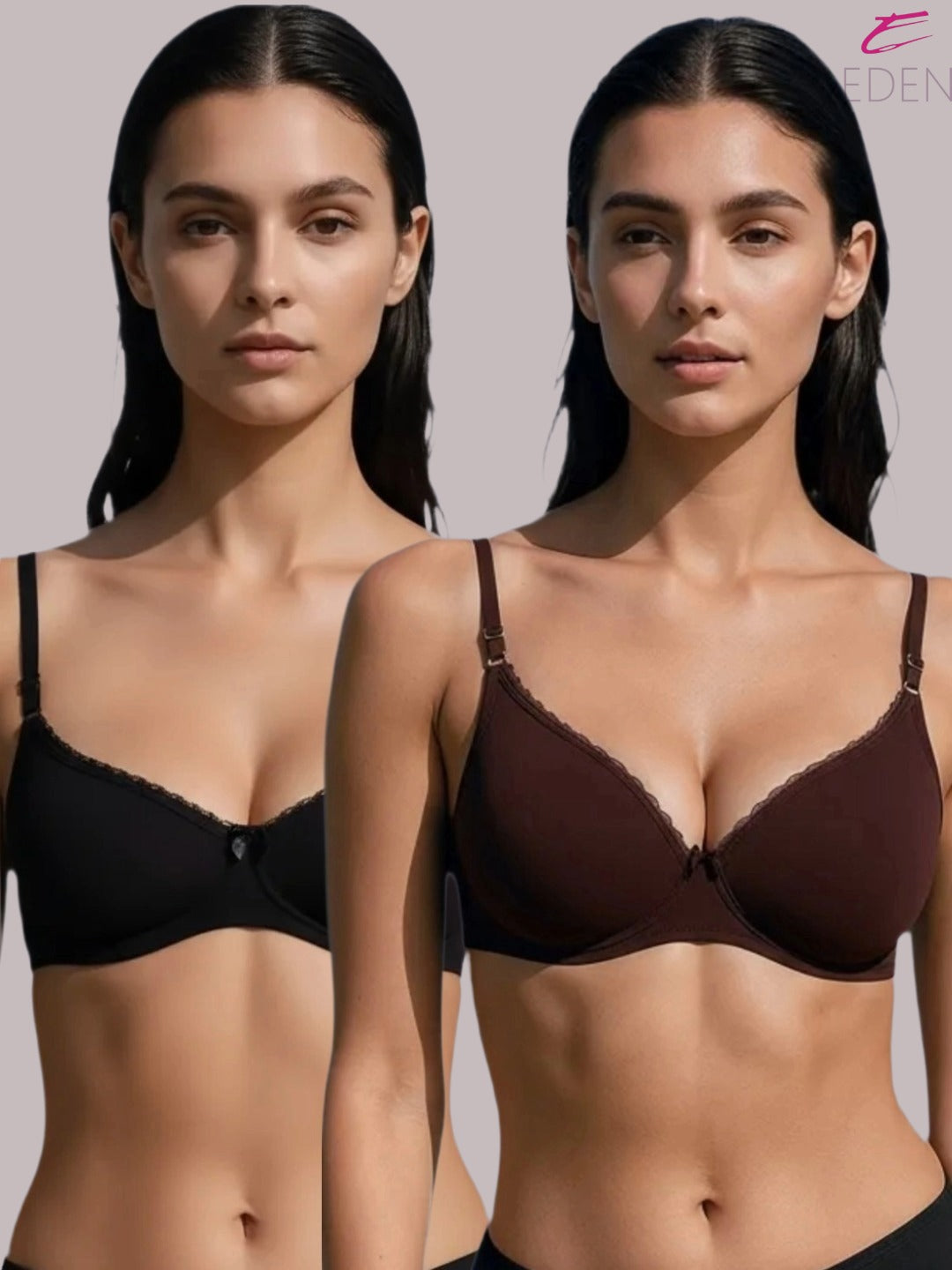 Wirefree, Padded, Plus Size, Cotton ,Medium Coverage ,Tshirt Bra, Lace Styling, Eden 109,Black-PEAT