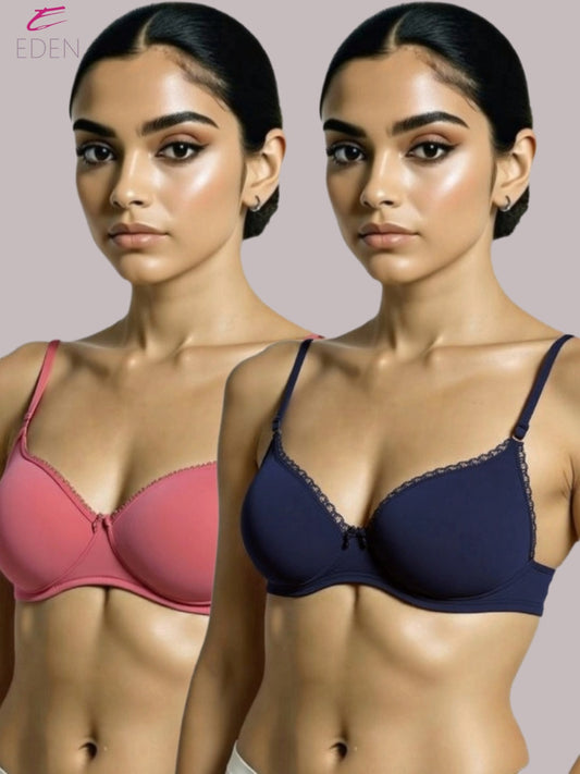 Padded, Non-wired, Plus Size, Cotton lycra ,Medium Coverage, Tshirt Bra, Lace Styling,Darksalmon-Navyblue
