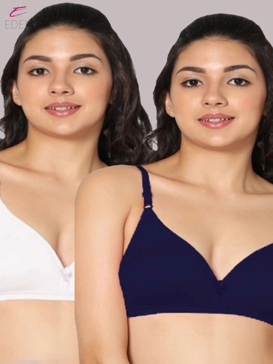 Wirefree, Non Padded, Cotton, Medium Coverage ,Tshirt Bra, Navyblue-White
