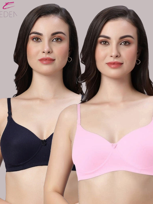 Wirefree ,Padded ,Plus Size, pc interlock, Medium Coverage, Tshirt Bra,Navyblue-Pink