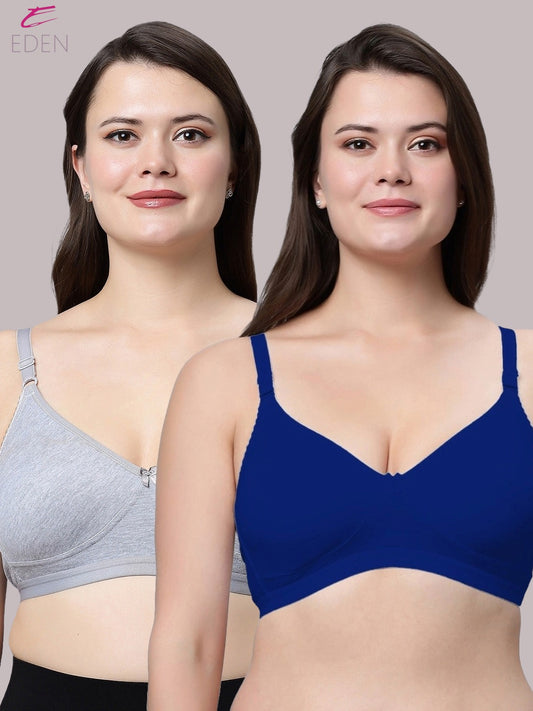 Non Padded, Plus Size, Super Combed,Cotton Stretch, Full Coverage ,Everyday Bra ,Royalblue-Grey