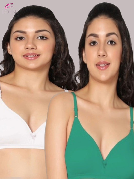 Wirefree, Non Padded, Cotton, Medium Coverage ,Tshirt Bra, Green-White