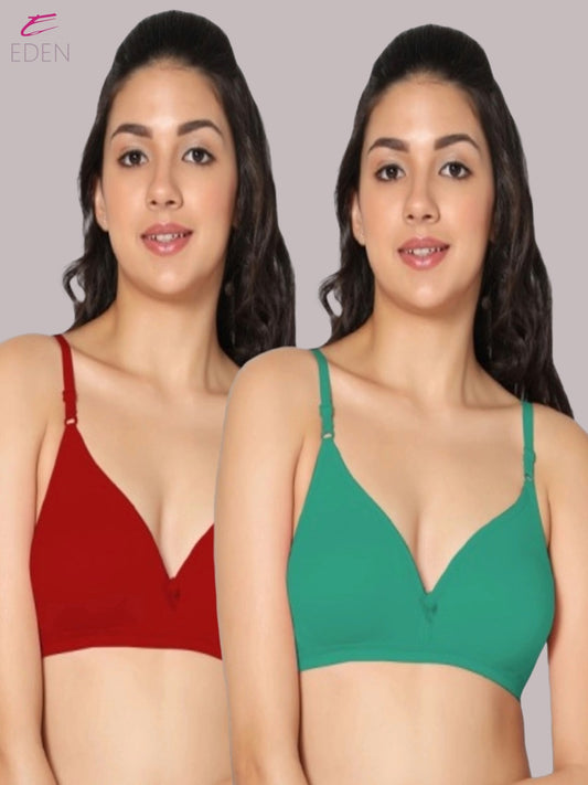 Wirefree, Non Padded, Cotton, Medium Coverage ,Tshirt Bra, Green-Red