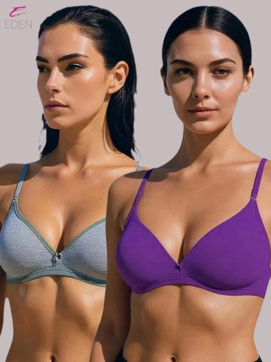 Wirefree, Non Padded, Cotton, Medium Coverage, Tshirt Bra ,Purple-Grey