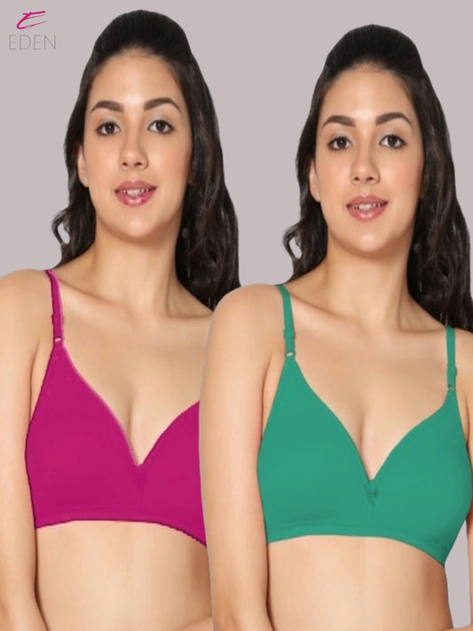Wirefree, Non Padded, Cotton, Medium Coverage ,Tshirt Bra, Green-Magenta