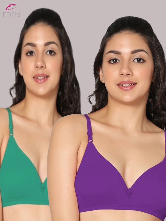Wirefree, Non Padded, Cotton, Medium Coverage ,Tshirt Bra, Green-Purple