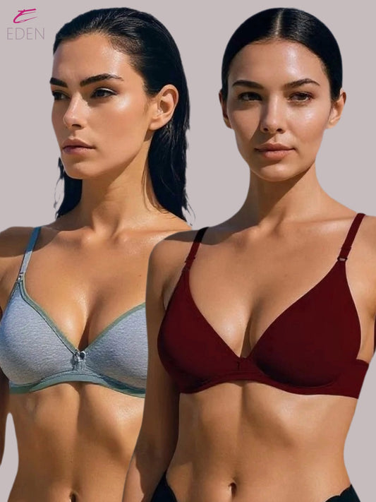 Wirefree, Non Padded, Cotton, Medium Coverage, Tshirt Bra ,Maroon-Grey