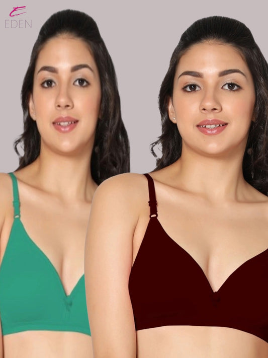 Wirefree, Non Padded, Cotton, Medium Coverage ,Tshirt Bra, Maroon-green