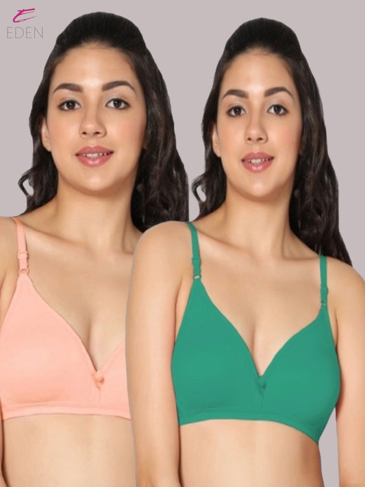 Wirefree, Non Padded, Cotton, Medium Coverage ,Tshirt Bra, Peach-Green