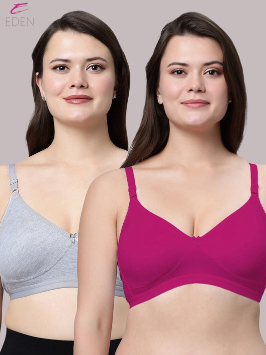 Non Padded ,Plus Size, Super Combed ,Cotton Stretch ,Full Coverage, Everyday Bra,Magenta-Grey