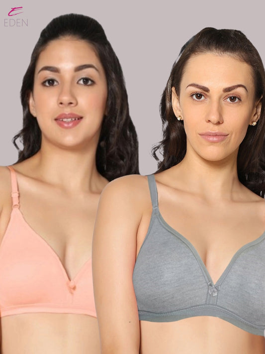 Wirefree, Non Padded, Cotton, Medium Coverage ,Tshirt Bra, Peach-Mgrey