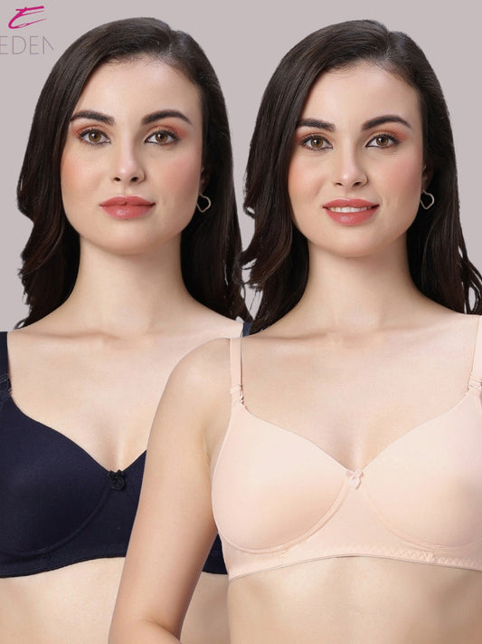 Wirefree ,Padded ,Plus Size, pc interlock, Medium Coverage, Tshirt Bra,Navyblue-Skin