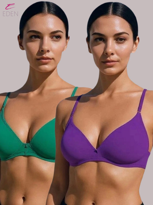 Wirefree, Non Padded, Cotton, Medium Coverage, Tshirt Bra ,Purple-Green