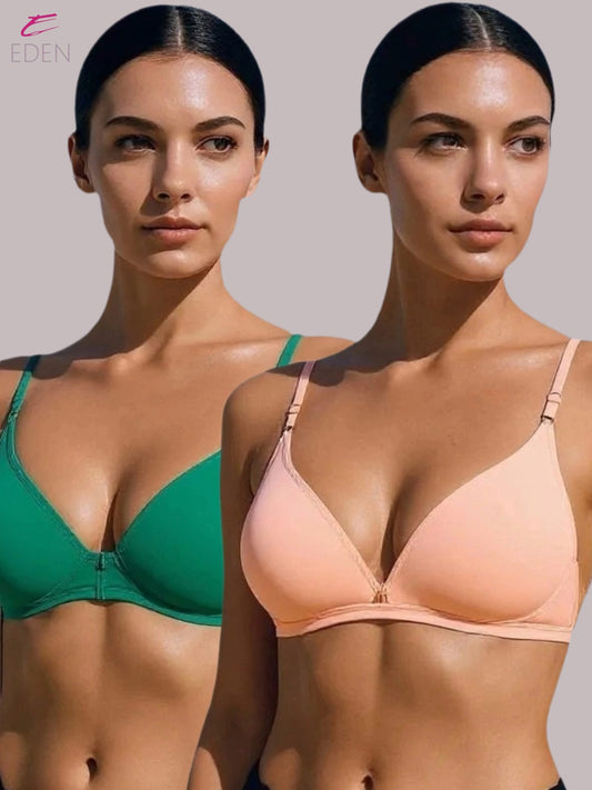 Wirefree, Non Padded, Cotton, Medium Coverage, Tshirt Bra ,Green-Peach