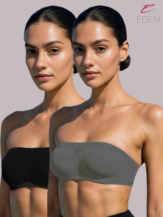 Non Padded, Non-Wired, Simply Soft, Strapless , Seamless, Bandeau Bra ,Slip On ,Nylon,Black & Grey, Pack of 2