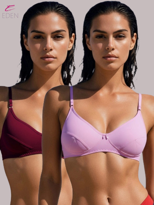 Wirefree, Non Padded, Soft Cotton ,Medium Coverage, Tshirt Bra ,Maroon-Pink