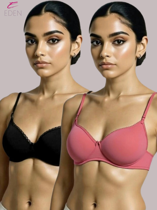 Padded, Non-wired ,Plus Size, Cotton lycra ,Medium Coverage, Tshirt Bra, Lace Styling, Black-Darksalmon