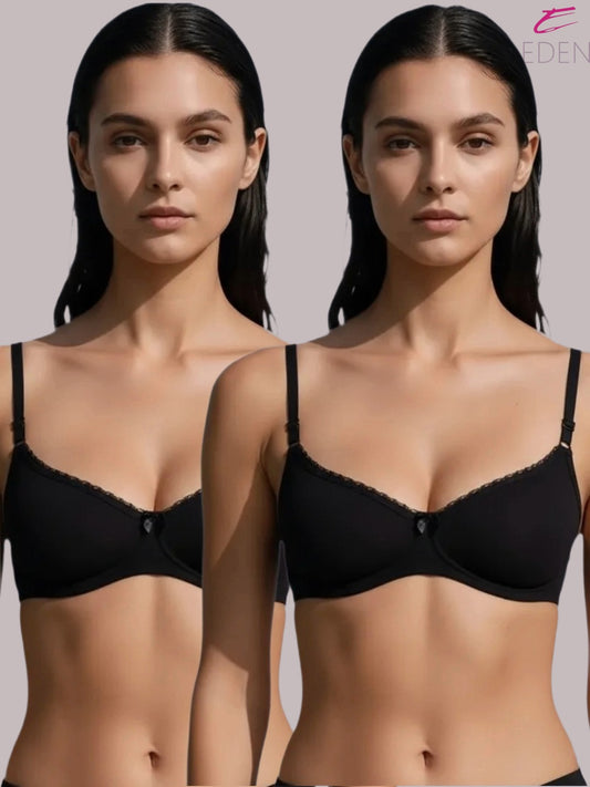 Wirefree, Padded, Plus Size, Cotton ,Medium Coverage ,Tshirt Bra, Lace Styling, Eden 109,Black