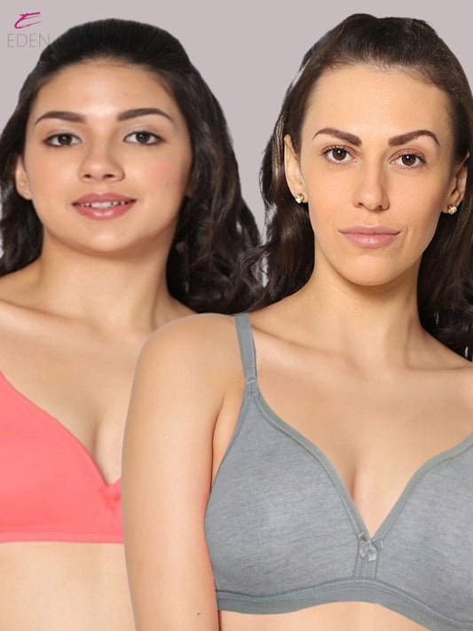 Wirefree, Non Padded, Cotton, Medium Coverage ,Tshirt Bra, Tomato-Mgrey
