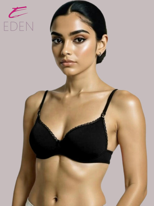 Wirefree,Padded, Plus Size, Cotton ,Medium Coverage, Tshirt Bra, Lace Styling, Black