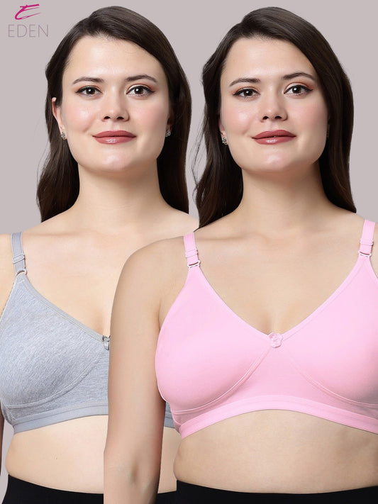Non Padded, Plus Size, Super Combed,Cotton Stretch, Full Coverage ,Everyday Bra ,Pink-Grey
