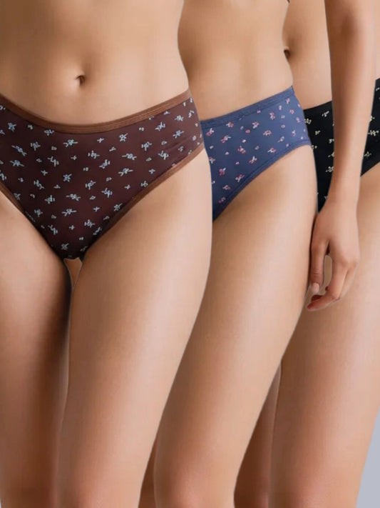 Eden ,Medium Rise, Full Coverage,  Outer Elastic,Printed,Hipster Panty-OECombo018 ,Black,Blue,Brown,Pack of 3